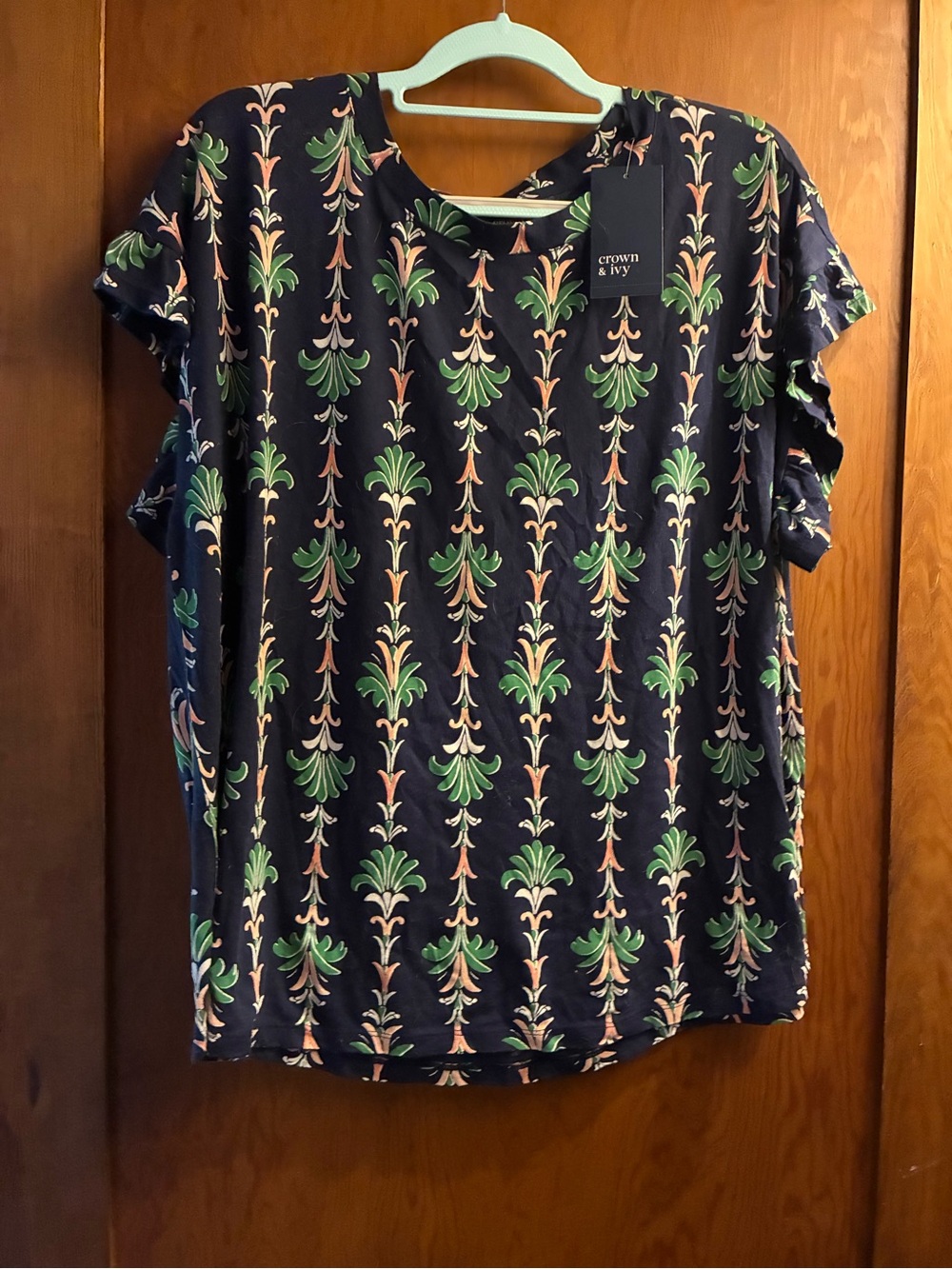 belk Navy Short Sleeve Top with Green and Blush Floral Stripe